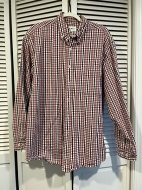 Eddie Bauer Men's Red and White Plaid Button-Down Shirt - Thick Heavy Duty